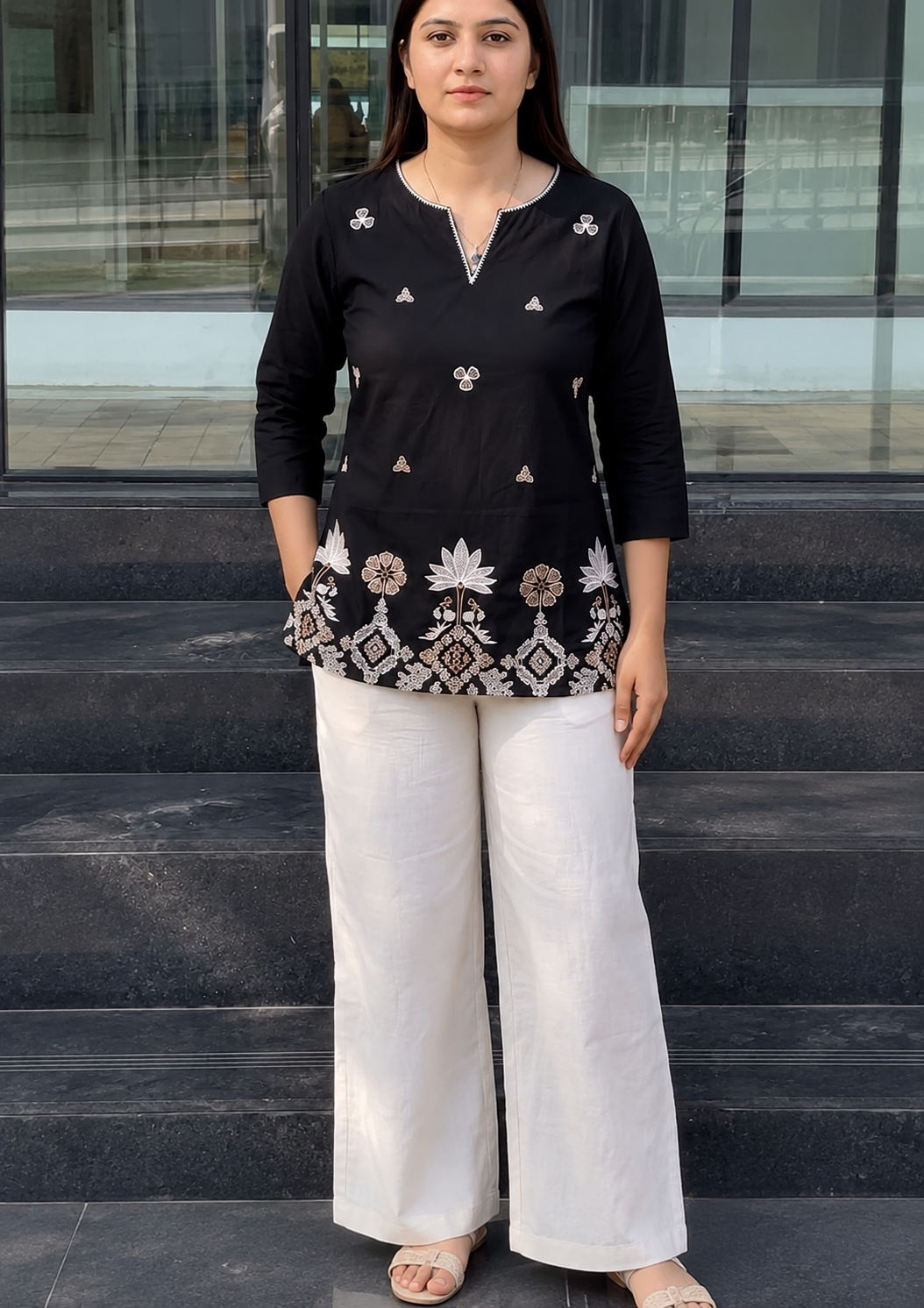 Black Cotton Embroidered Kurti