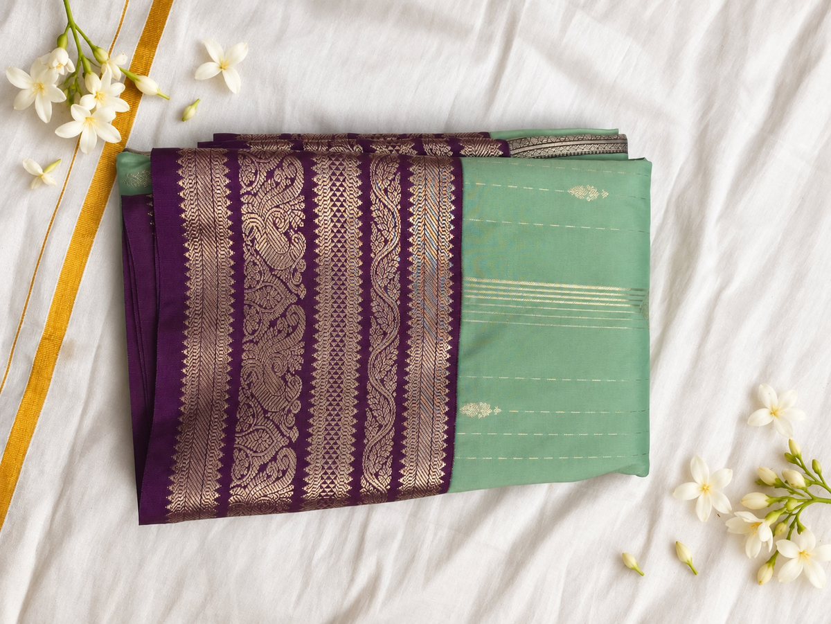 Mint Green & Plum Traditional Zari Saree