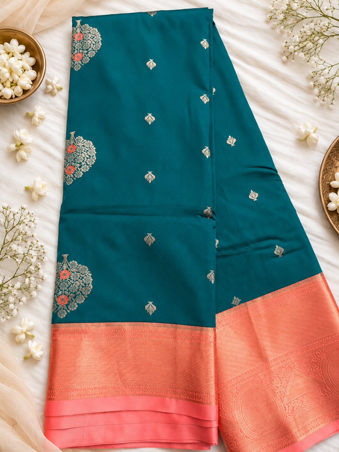 Elegant Teal & Coral Peach Silk Saree ✨