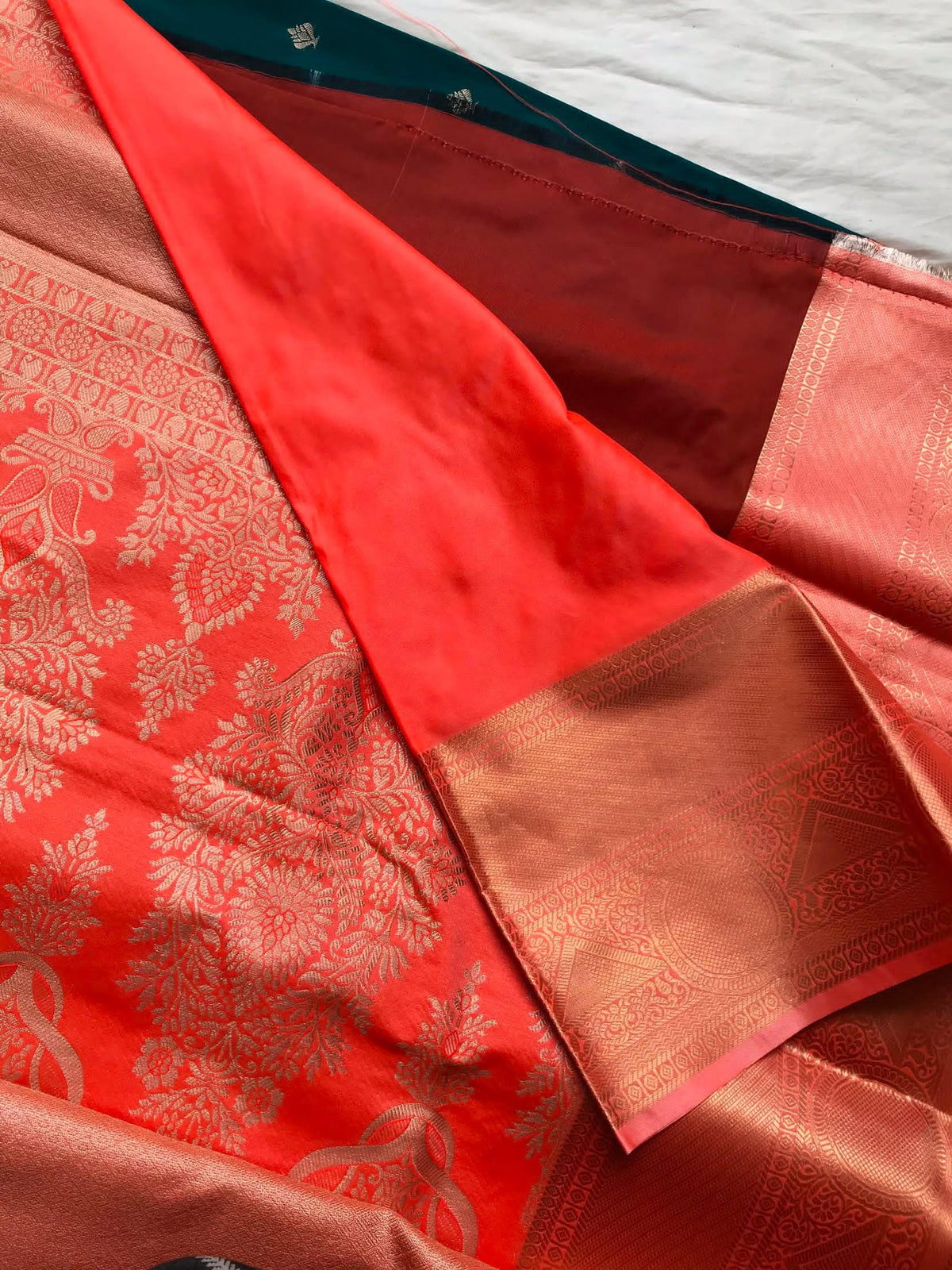 Elegant Teal & Coral Peach Silk Saree ✨