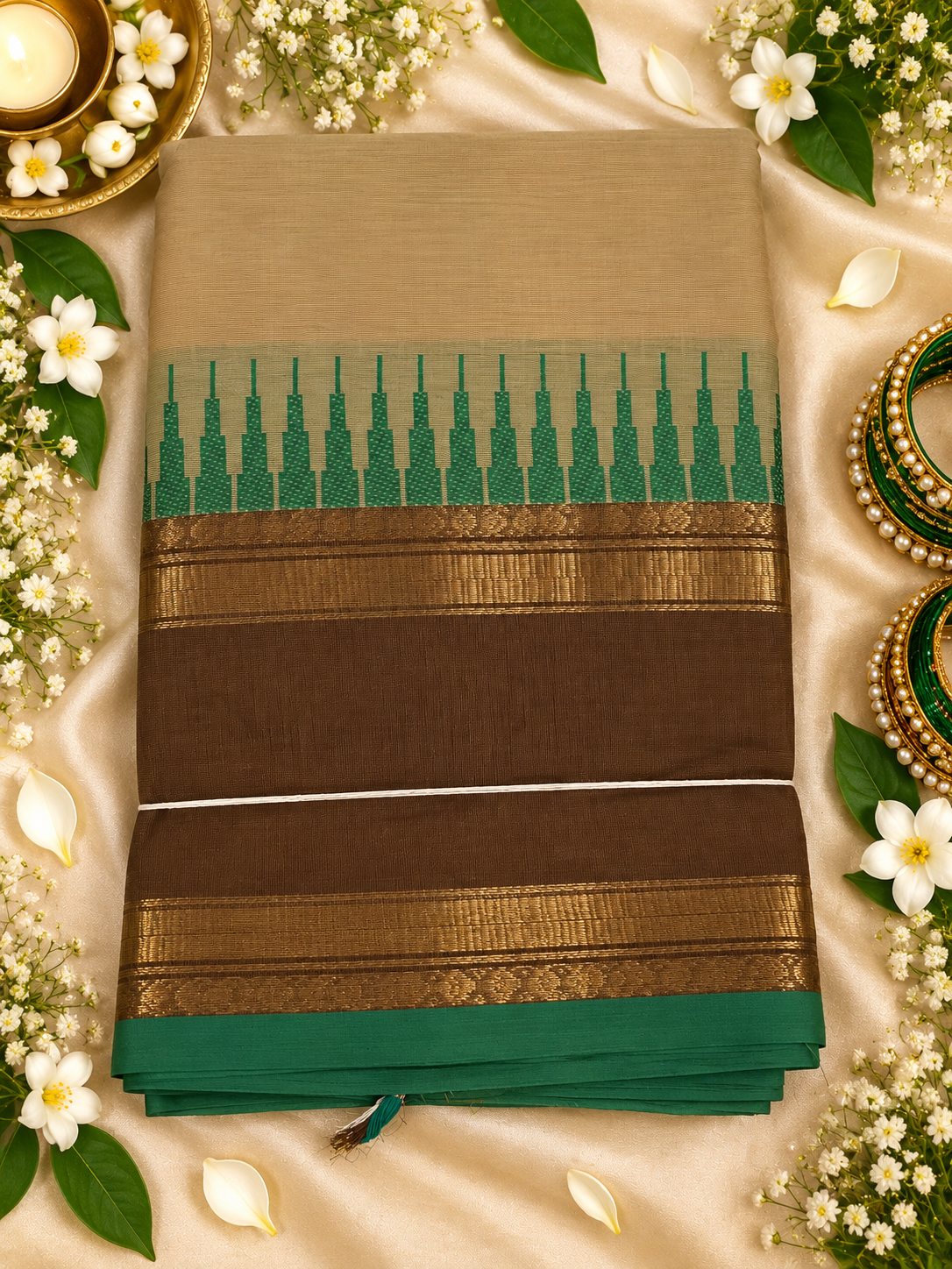 Kachi cotton Beige & Bottle Green Traditional