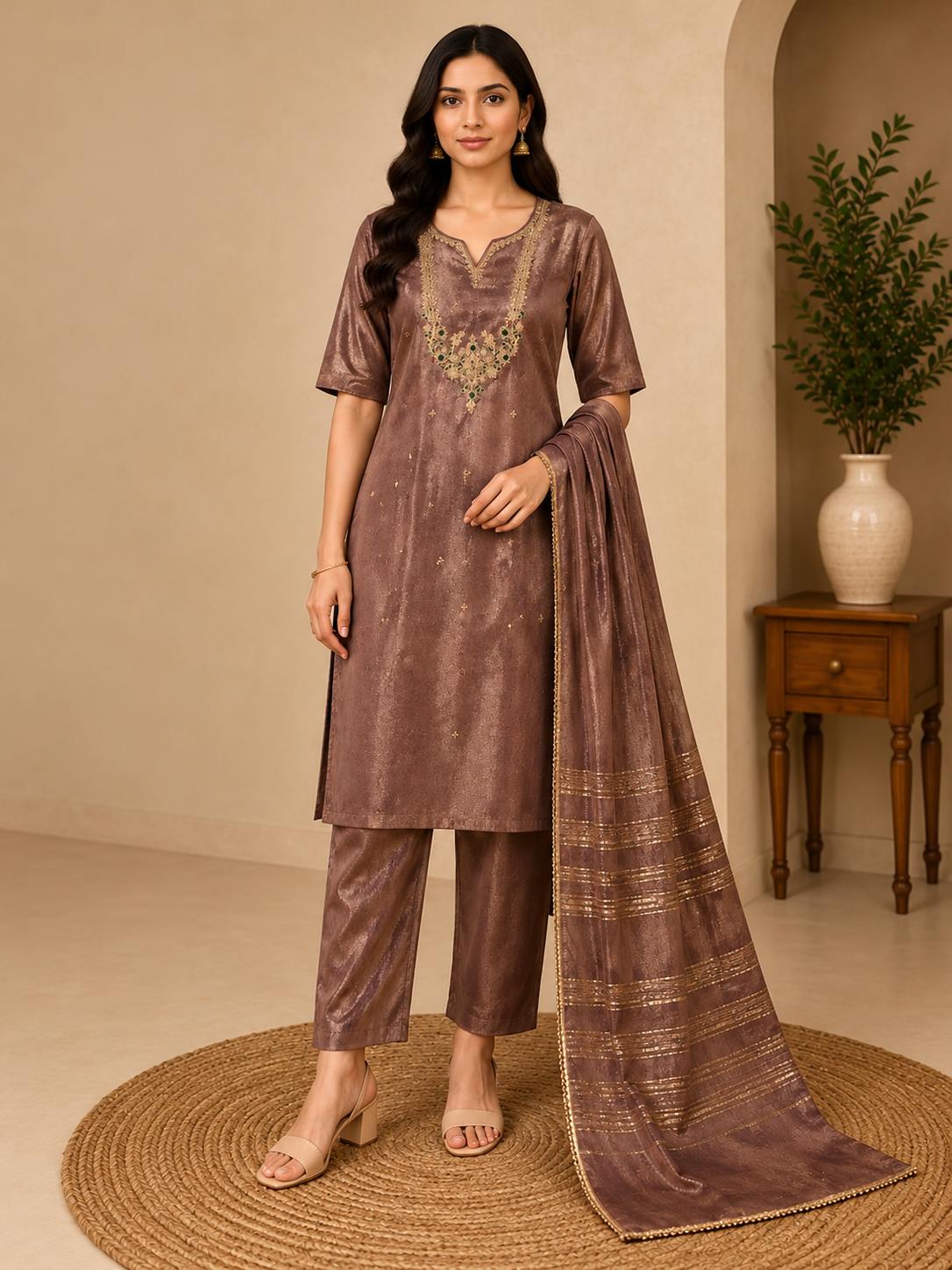 Elegant Brown Embroidered 3-Piece Kurta Set with Dupatta 🤎