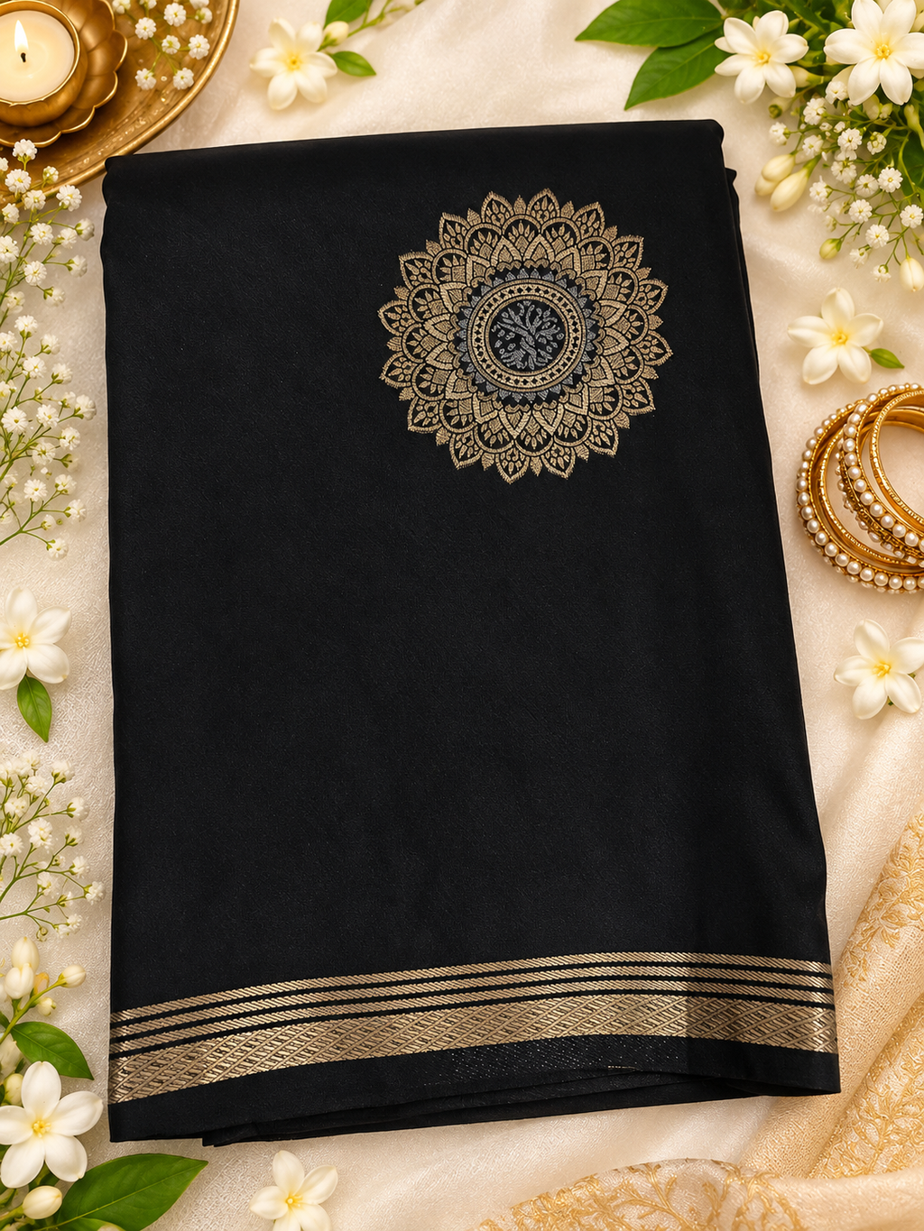 Black Gujju Silk Saree, Black Mandala Buta Saree