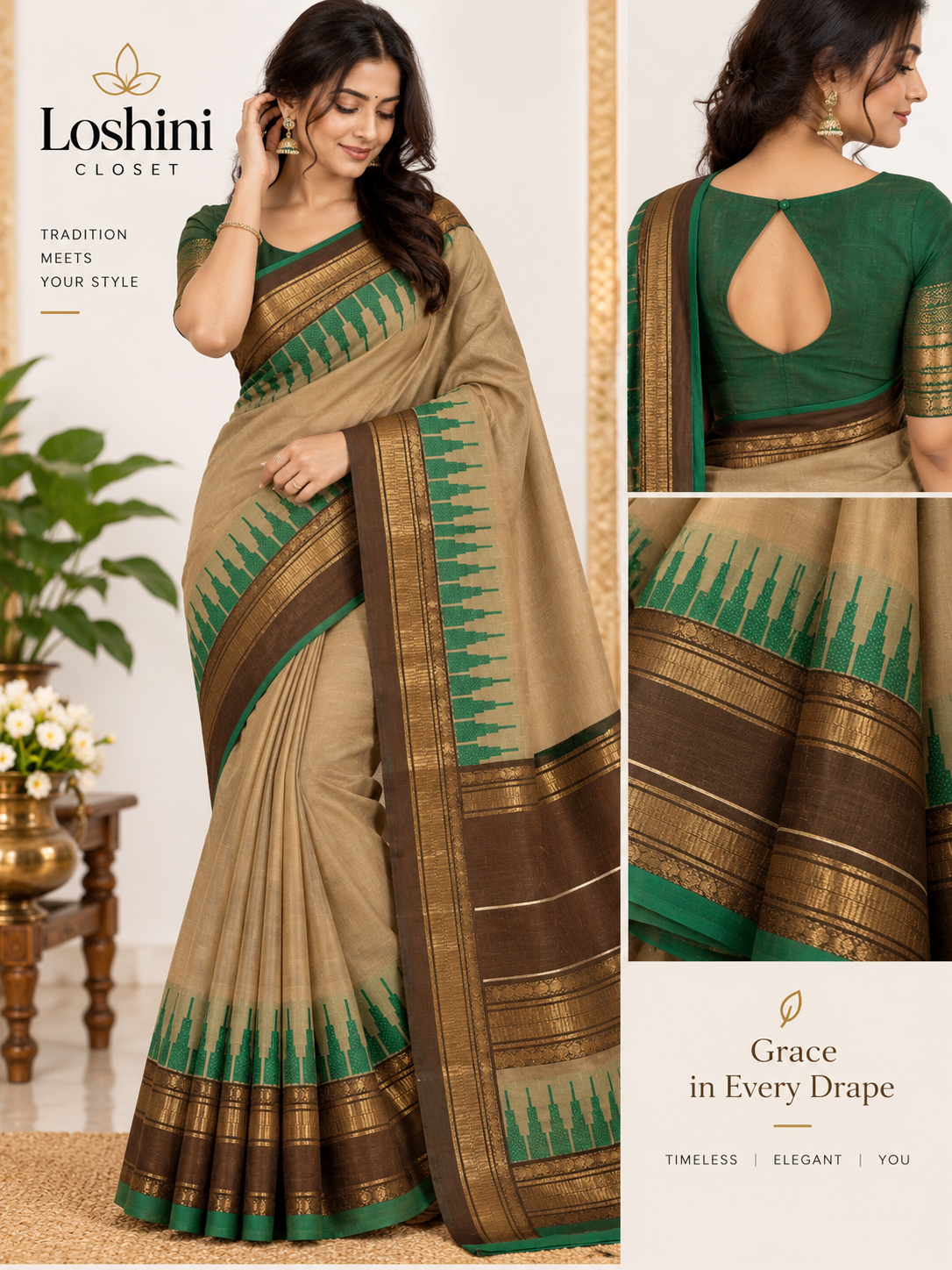 Kachi cotton Beige & Bottle Green Traditional
