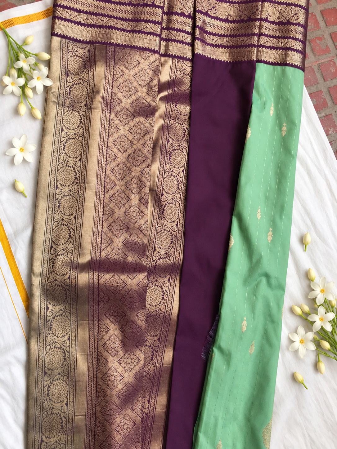 Mint Green & Plum Traditional Zari Saree