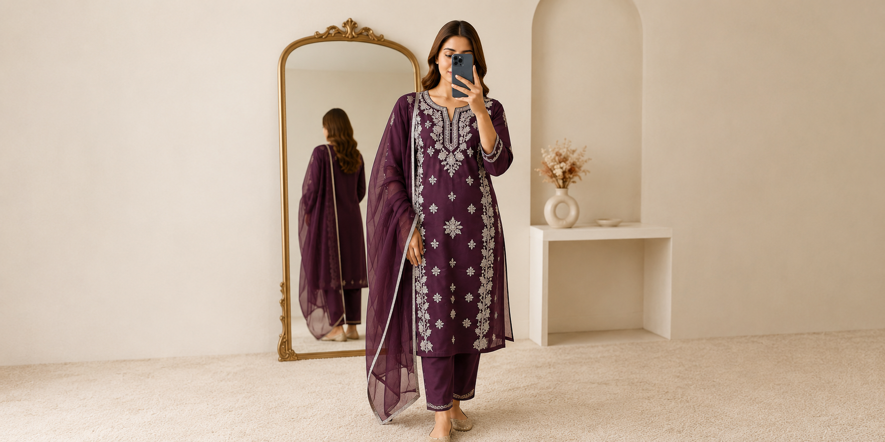 Embroidered Wine Purple Kurti Set
