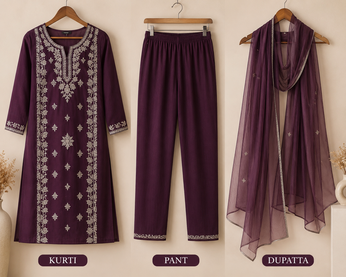 Embroidered Wine Purple Kurti Set