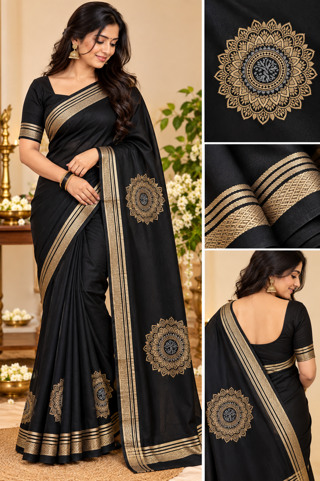 Black Gujju Silk Saree, Black Mandala Buta Saree