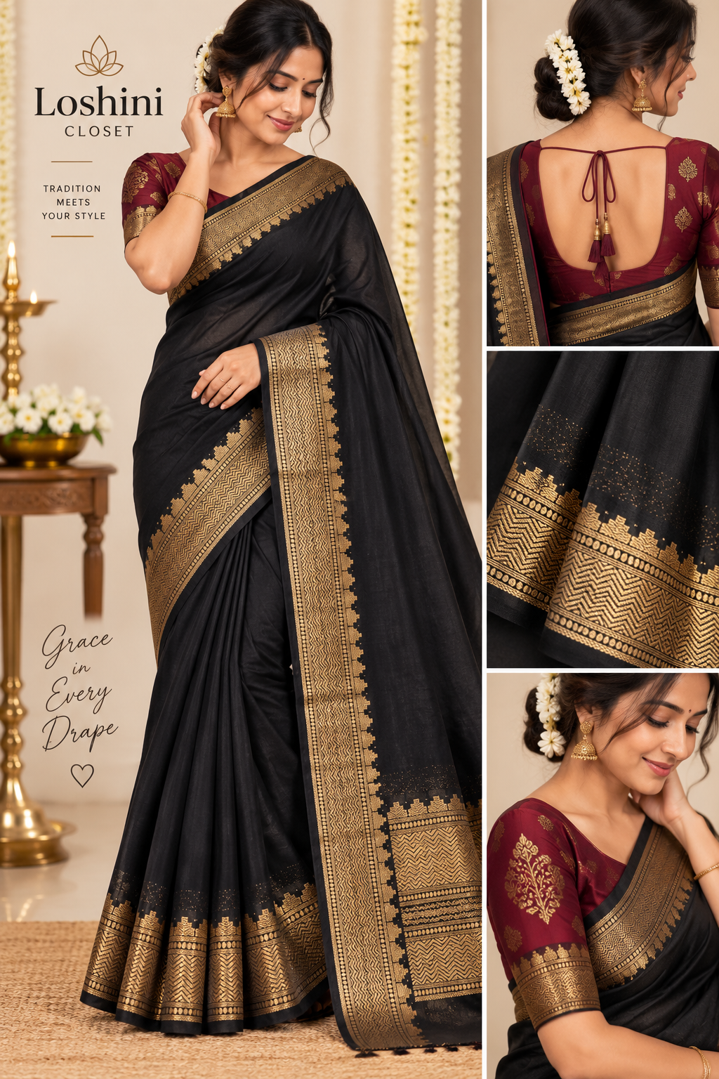 Semi Crepe Saree 🖤 Black Golden Border Saree