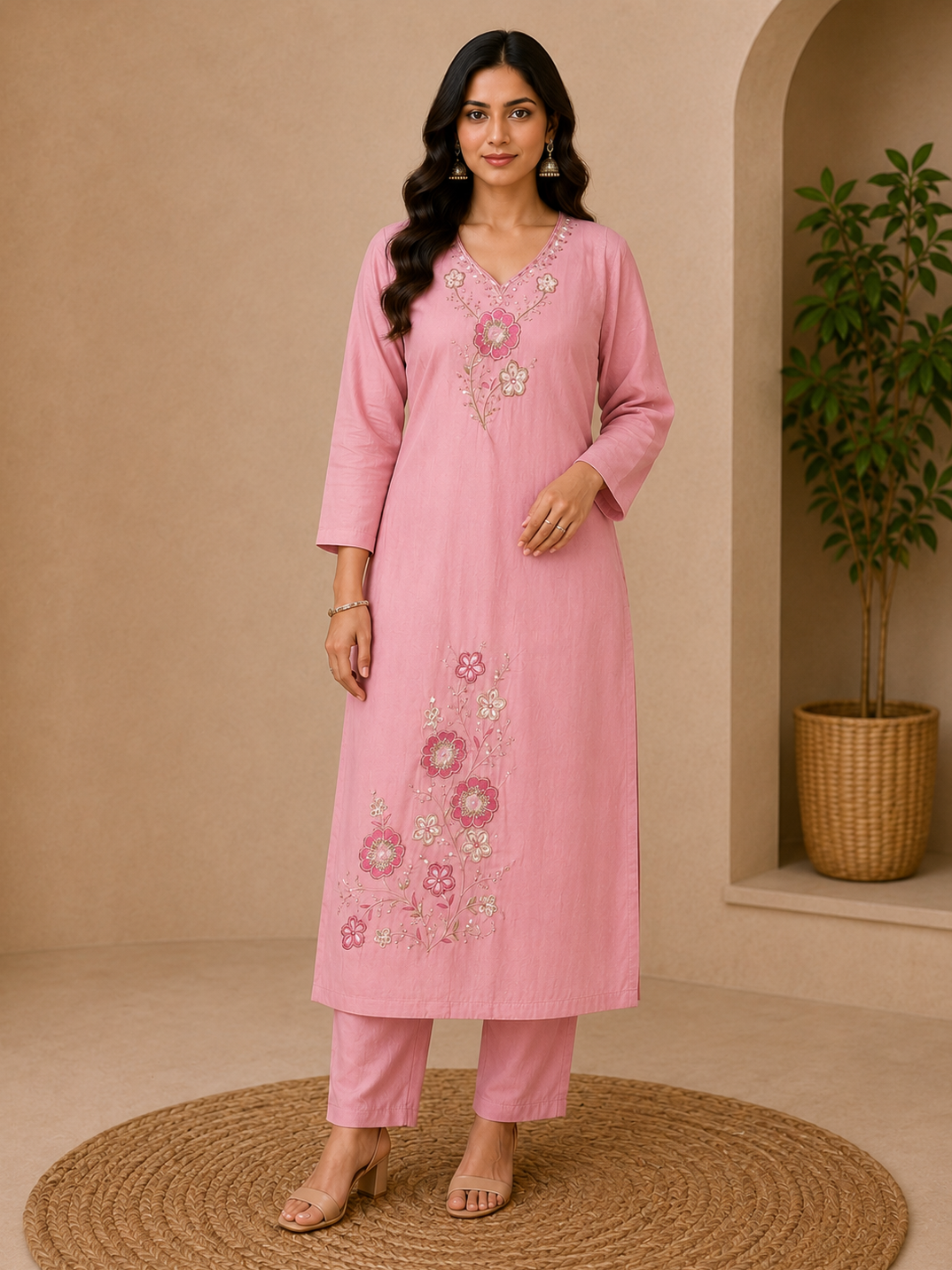 Elegant Pink Floral Embroidered 3-Piece Kurta Set