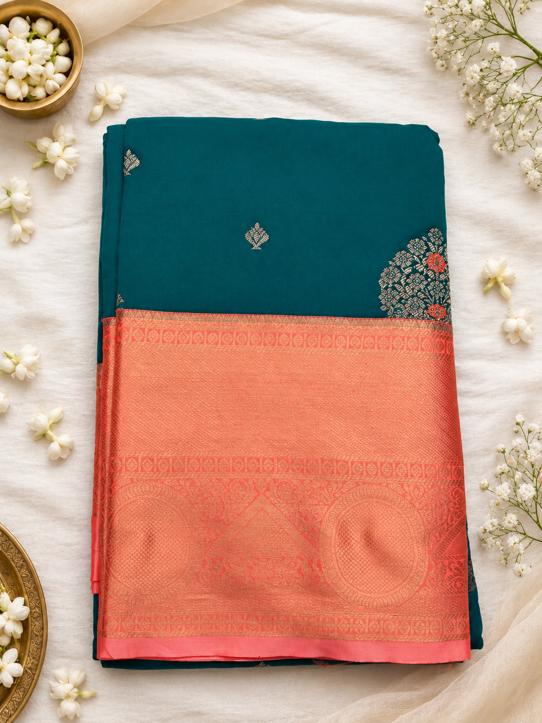 Elegant Teal & Coral Peach Silk Saree ✨