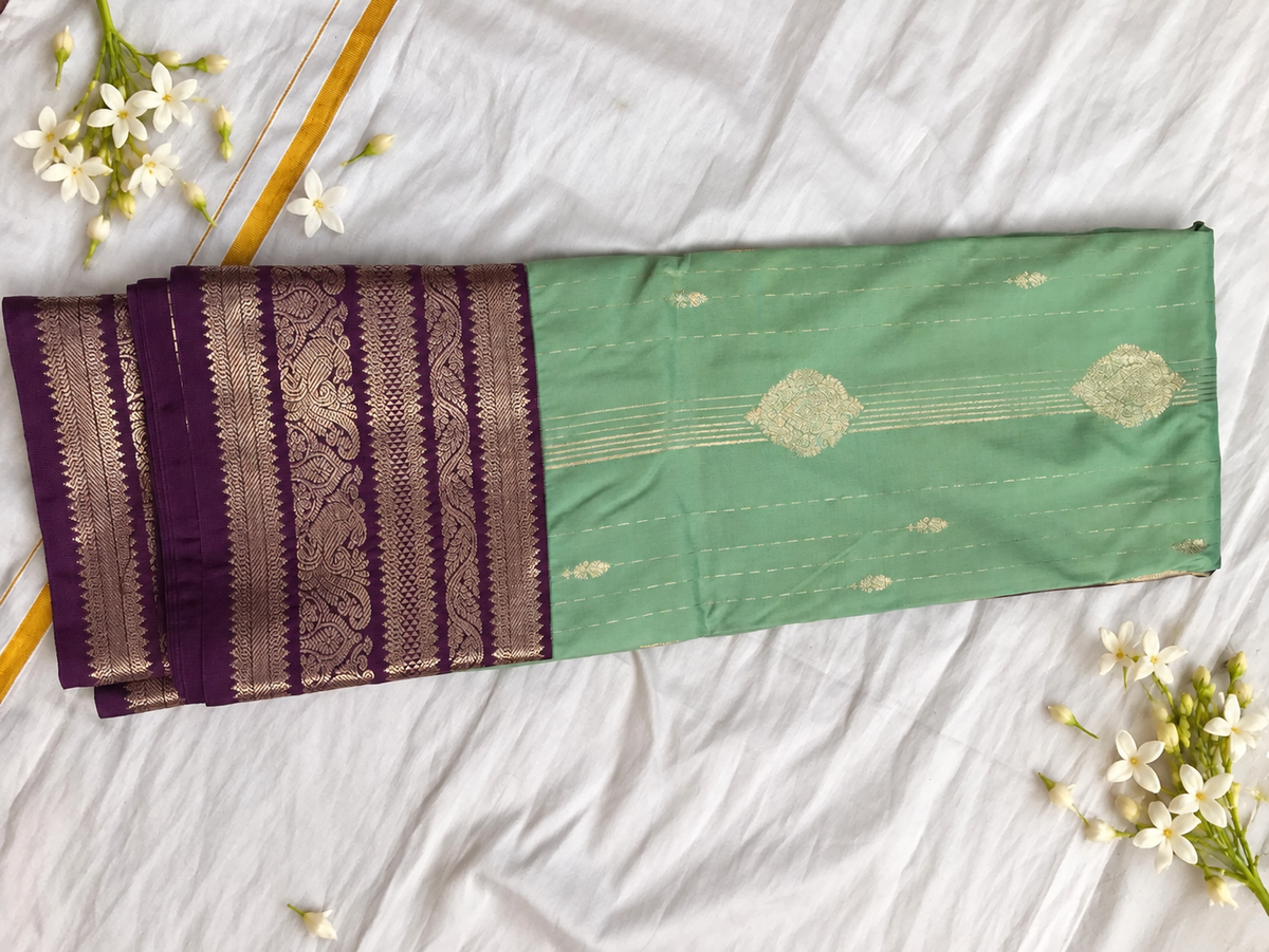 Mint Green & Plum Traditional Zari Saree