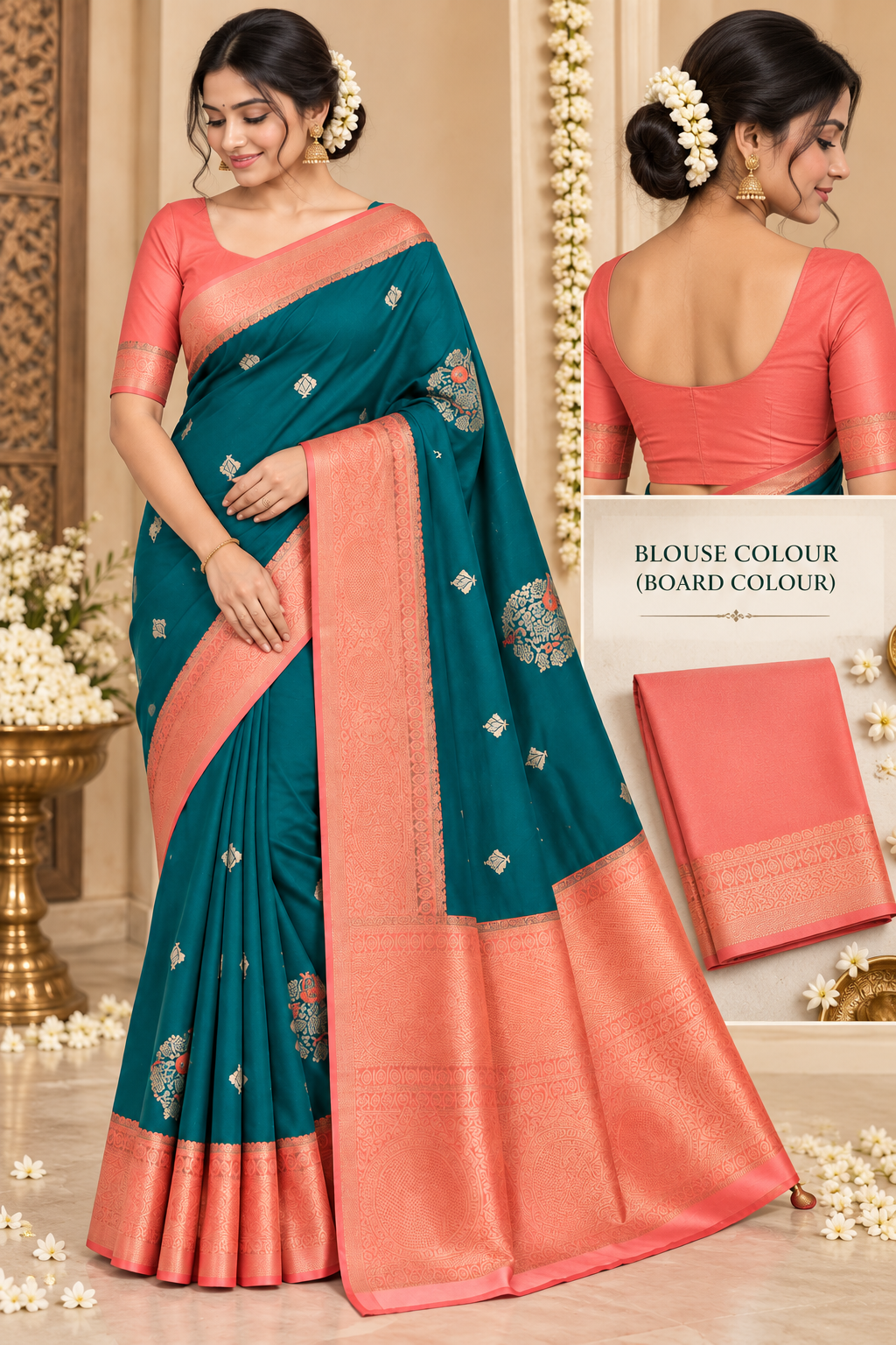 Elegant Teal & Coral Peach Silk Saree ✨