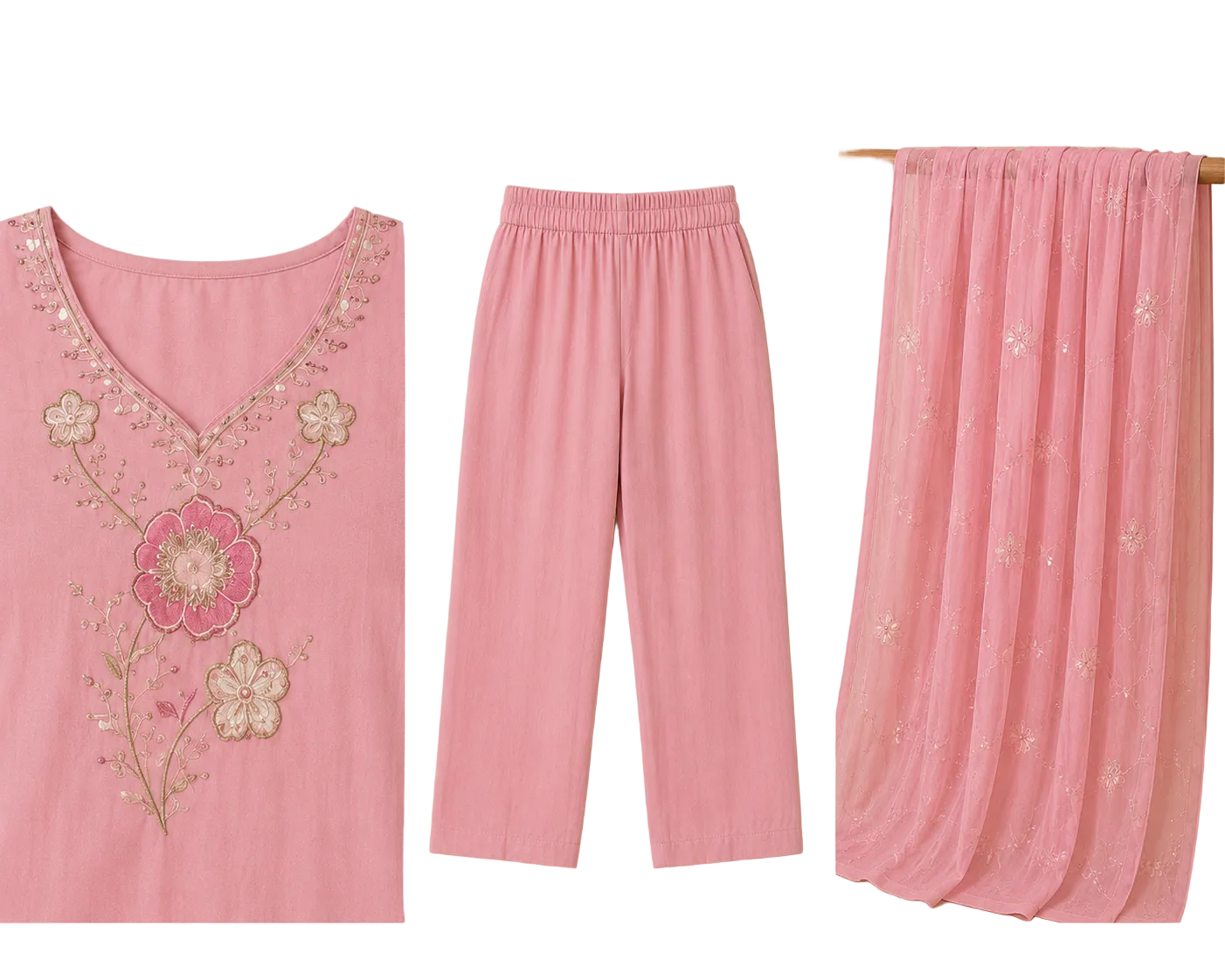 Elegant Pink Floral Embroidered 3-Piece Kurta Set